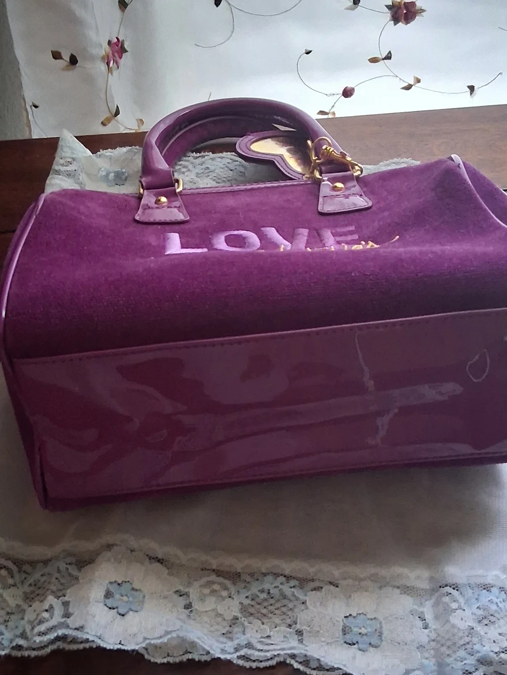 Victoria's Secret Purple Velvet Satchel with Glossy Handles